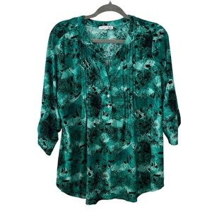 Green Blouse Notations Flowy Style Floral Design Top Shirt Womens’ Size 1X Fit!